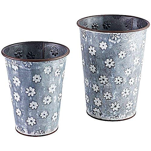 Set of 2 Planter Galvanized Metal Bucket Container Organizer for Flowers Succulent Air Decorative Plants Tools Kitchen Distressed Indoor or Outdoor White Flower Print (8.5