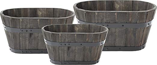 Happy Planter HP301 Wood Barrel Outdoor Planter, Set of 3 Planters, Color: Charcoal Brown