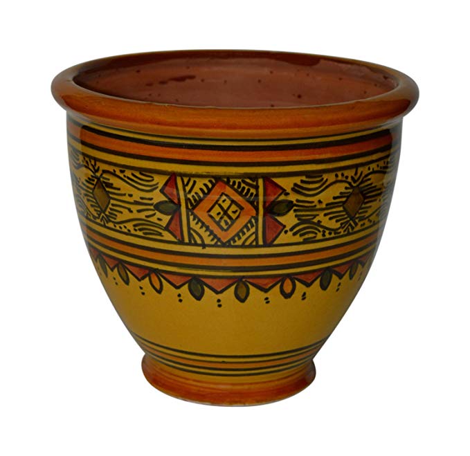 Flower Pot Moroccan Spanish Garden Drain Hole Ceramic Planter Handmade Yellow