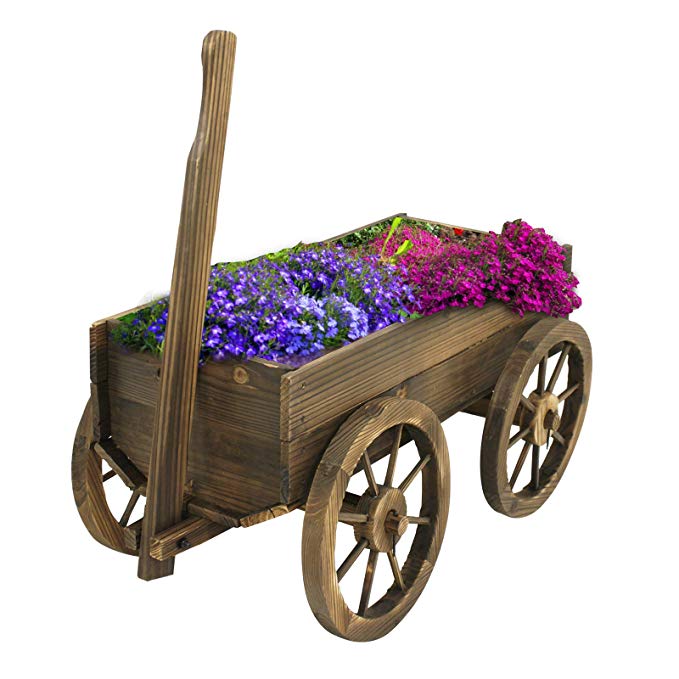 ZENY Patio Wooden Wagon Flower Planter Cart Bed Pot Stand w/Wheels Home Garden Outdoor Decor Grow Flowers Planters