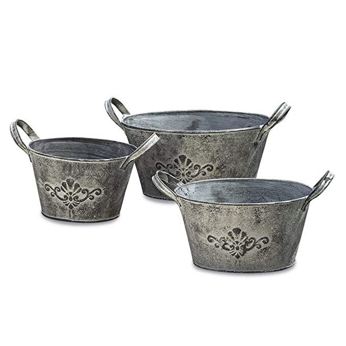 The French Country Style Fleur de Lis Jardiniere, Set of 3, Rustic Cache Pots, Oval Planters, Galvanized Metal, Lush Gray Patina, Various Sizes from 9 3/4 - 6 3/4 Inches, By Whole House Worlds