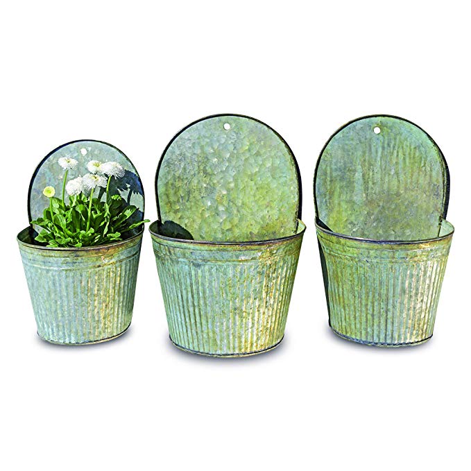 The Farmer's Market Feed Bin Wall Planters, Set of 3, Galvanized Metal, Corrugated, Rolled Edges, Distressed Vintage Finish, 13 1/2, 12 1/4 and 11 Inches High, By Whole House Worlds