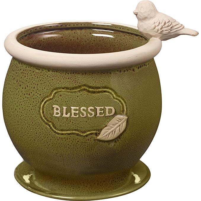 Precious Moments Garden Gifts Blessed Olive Green Ceramic Garden Or Deck Planter Pot 8-inch Tall by 6-inch Diameter 185014