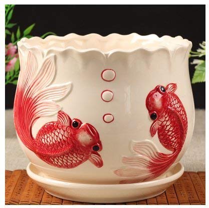 Ceramic Home/ Garden Modern Large Flower Planter Pot with Saucer/ Tray - Outside Red Fish Design