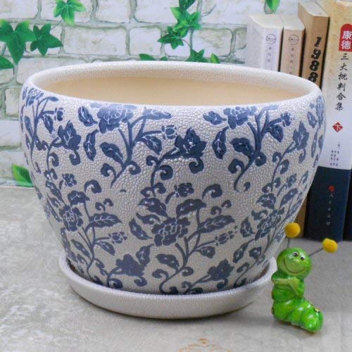 Ceramic Large and Fat Flower Planter Pot with Saucer/ Tray, with Blue Flower Pattern