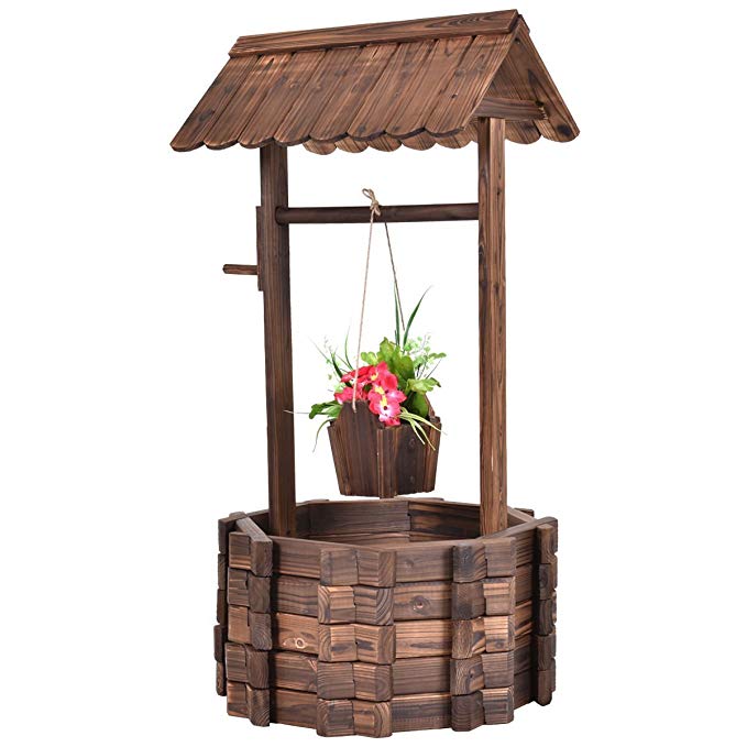 Giantex Outdoor Wooden Wishing Well Bucket Flower Plants Planter Patio Garden Home Decor