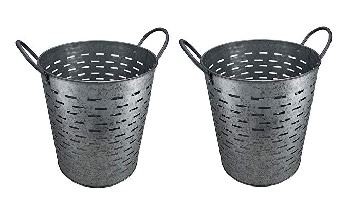 Metal Planter Boxes Set of 2 Galvanized Metal Olive Buckets W/Built-in Handles 14.5 X 15 X 11.5 Inches Silver