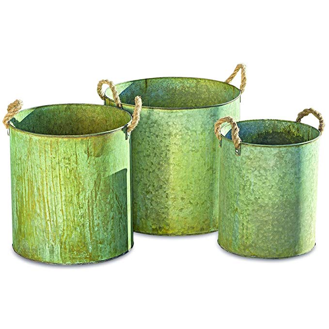 The Grand Tour Galvanized Zinc Planters, Set of 3, Rope Handles, Big Bucket Style, Vintage Distressed Patina, 15 3/4 D x 15 H, 13 3/4 D x 4 1/2 H and 11 D x 13 H Inches, By Whole House Worlds