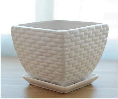 Ceramic Pure White Home/ Garden Flower Planter Pot with Saucer Tray - Outside Bamboo Weaving Pattern