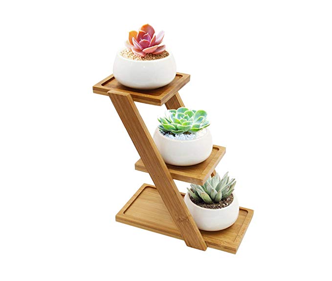 3 Tier Small Round Succulent Plant Pot with Bamboo Stand