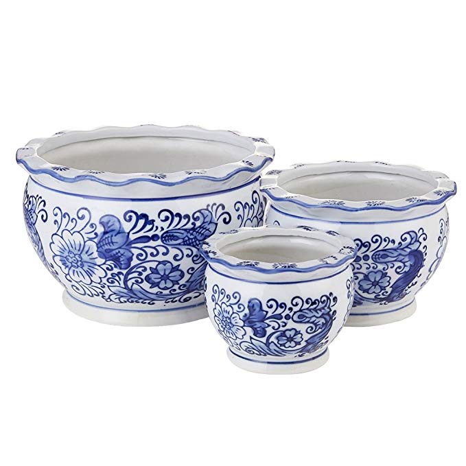 Blue and White Porcelain, HakkaGirL Flower Pots, Decorative Plant Pots for Indoor and Outdoor -Set of 3