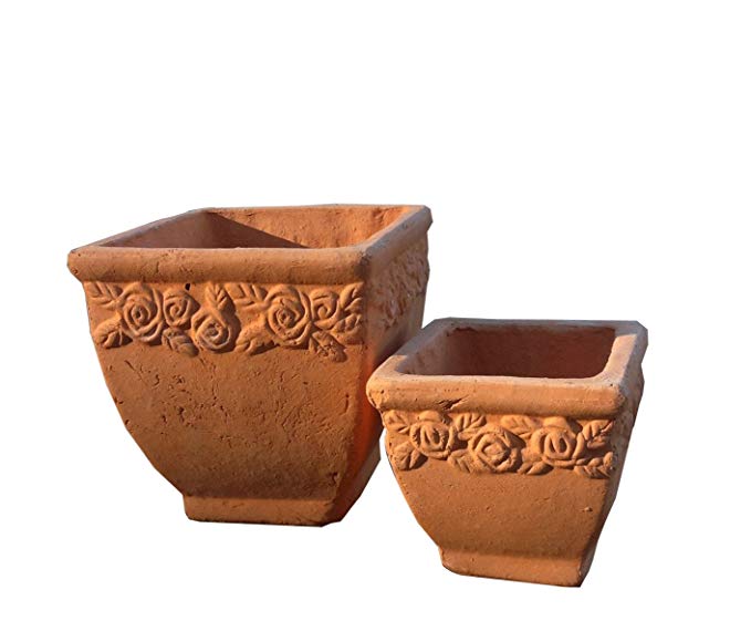 Set of 2 New Designed Hand Pressed Different Sized Ancient Stressed Terracotta Square Flower Pot or Planter