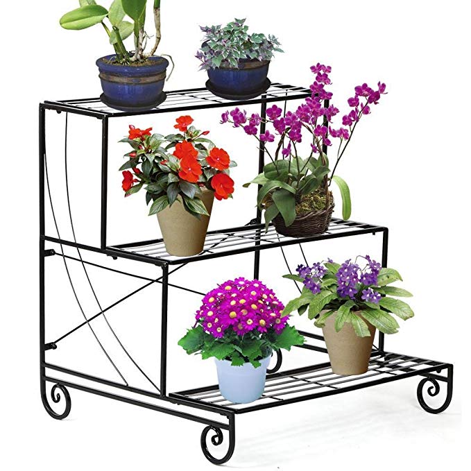 3 Tier Metal Plant Stand Garden Decorative Planter Holder Multi Planter Flower Pot Shelf Racks (Black)