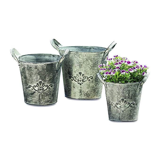 Whole House Worlds The French Country Style Fleur de Lis Jardinière, Set of 3, Rustic Cache Pots, Bucket Planters, Galvanized Metal, Lush Gray Patina, Topiary, Plants, and Floral Arrangements, By