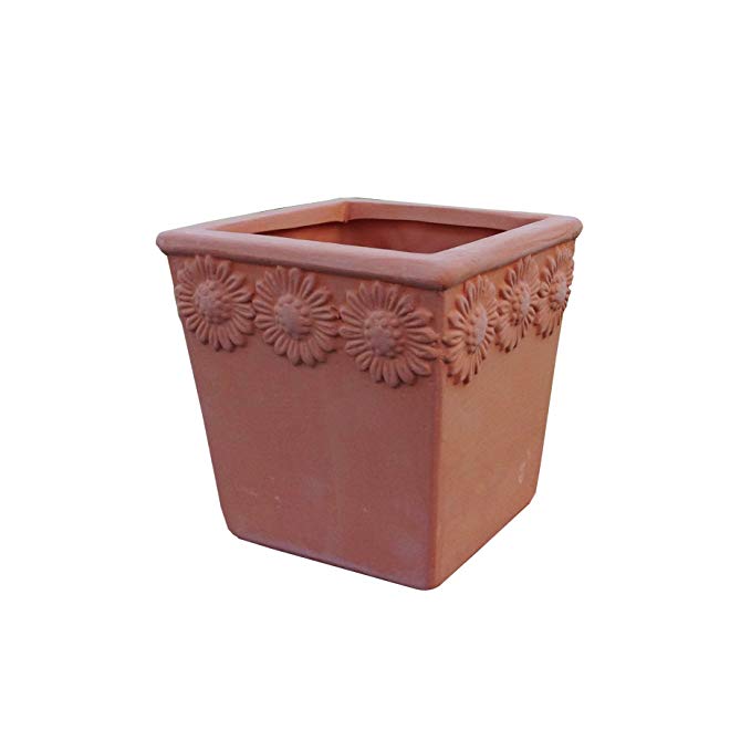 Set of 3 Natural Terra Cotta Flower Embellished Square Shaped Garden Planters with Drain Holes