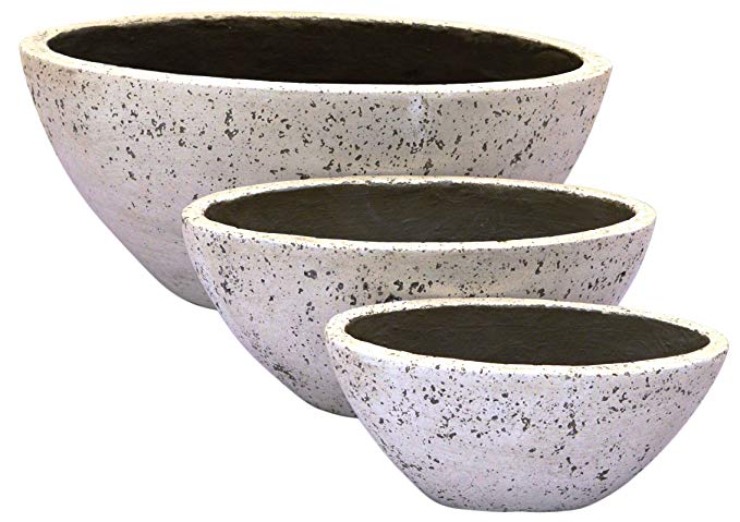 Happy Planter Oval Natural Cement Fiber Planter Set, Antique White, Set of 3