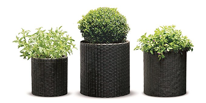 Keter Round Cylinder Plastic Rattan Resin Garden Flower Plant Planters Decor Pots 3 pc Set, assorted sizes, Brown