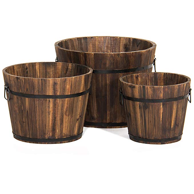 Best Choice Products Set of 3 Indoor/Outdoor Wood Barrel Planter w/Drainage Holes - Brown