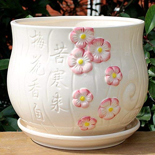 Ceramic Color White Home/ Garden Flower Planter Pot with Saucer Tray - Outside Plum Blossom Design