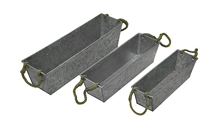 Metal Planter Boxes Set Of 3 Galvanized Metal Rectangular Planters W/Jute Handles 21 X 5.5 X 5.75 Inches Silver