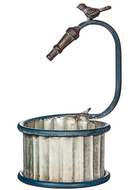 Sullivans Galvanized Metal Bucket Planter with Imitation Hose & Bird Accent, Silver, Blue, 10