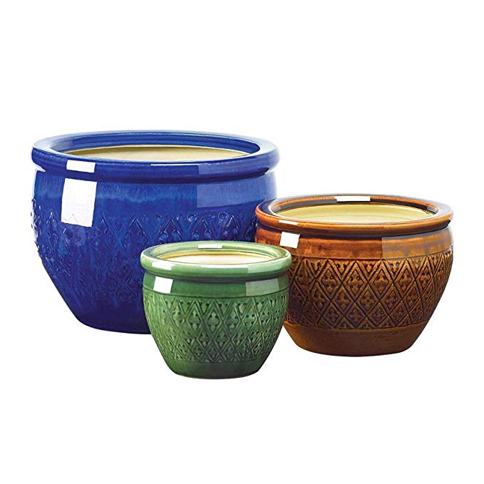 Garden Planters Round Bright Colored Ceramic Flower Pots Large Meduim Small Indoor Outdoor Decor Set of 3 Decorative