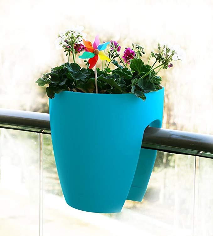 Greenbo Deck Rail Planter Box with Drainage trays, round 12-Inch, Color Turquoise - set of 2