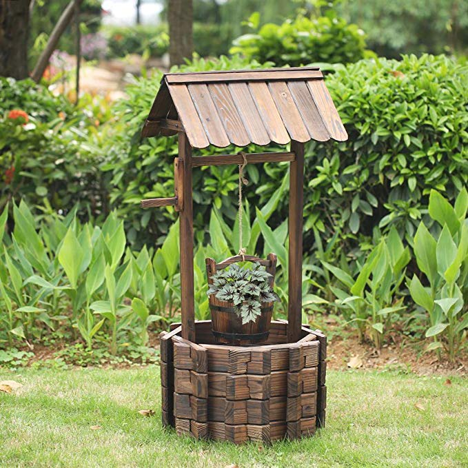 LAZYMOON Outdoor Wishing Well Rustic Fir Wood Bucket Planter Patio Garden Lawn Home Wedding Party Decoration