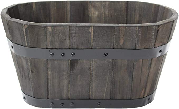 Happy Planter HPCH301 Medium Wood Barrel Outdoor Planter, 18.25 in. x 10.25 in. x 9.5 in, Color Natural Brown