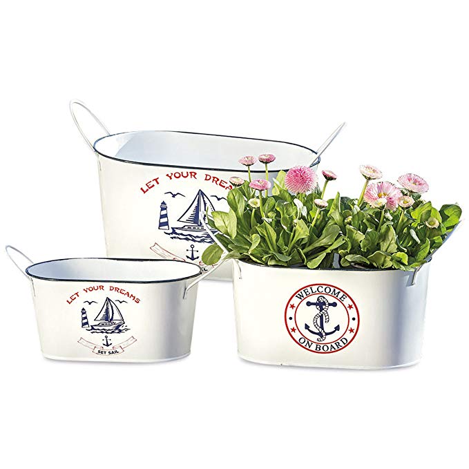 Whole House Worlds The Sailors Delight Plant Containers, Set of 3, Nautical, White, Red and Blue Jardiniere, Cache Pots, Oval Planters, Galvanized Metal, 12 1/4, 11 1/2, and 9 Inches Long, By